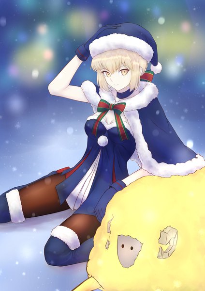 Anime picture 2894x4093 with fate (series) fate/grand order artoria pendragon (all) santa alter dumuzid (fate) fuwatoromonta single tall image looking at viewer highres short hair blonde hair sitting yellow eyes fur trim wariza christmas hand on head girl hat