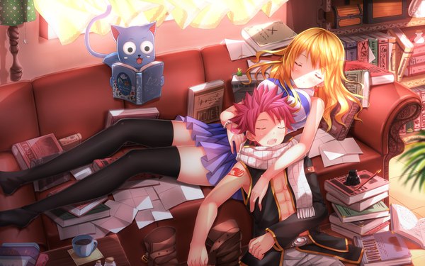 Anime picture 1678x1049 with fairy tail lucy heartfilia natsu dragneel happy (fairy tail) swordsouls long hair blush short hair open mouth blonde hair smile wide image pink hair indoors lying eyes closed sunlight shadow on back tattoo