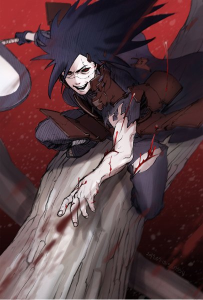 Anime picture 1280x1891 with naruto studio pierrot naruto (series) uchiha madara ssun-sa single long hair tall image looking at viewer fringe open mouth black hair smile red eyes holding signed full body from above floating hair torn clothes