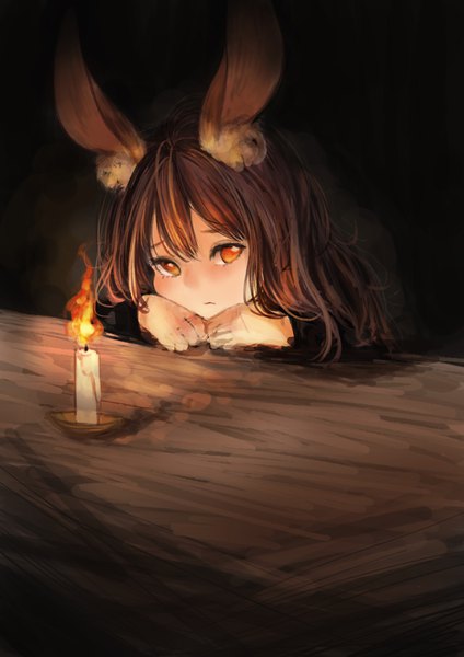 Anime picture 2480x3508 with original ikoan single long hair tall image looking at viewer fringe highres simple background hair between eyes brown hair animal ears upper body orange eyes bunny ears black background girl candle (candles)