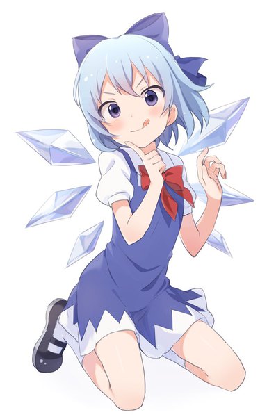 Anime picture 678x1024 with touhou cirno buchi (y0u0ri ) single tall image looking at viewer blush fringe short hair blue eyes simple background white background blue hair full body puffy sleeves kneeling finger to mouth :q girl bow