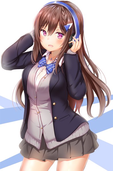 Anime picture 1581x2393 with virtual youtuber game club project riot music doumyouji cocoa yuano single long hair tall image looking at viewer blush fringe breasts open mouth hair between eyes brown hair large breasts white background purple eyes braid (braids) long sleeves