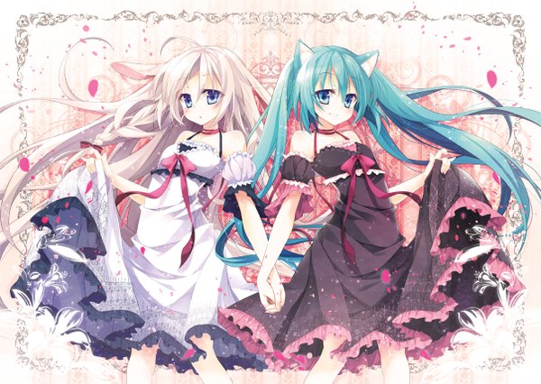Anime picture 1208x859 with vocaloid hatsune miku ia (vocaloid) mocha (naturefour) long hair looking at viewer blush smile twintails bare shoulders animal ears white hair aqua eyes cat ears aqua hair cat girl holding hands girl dress flower (flowers)