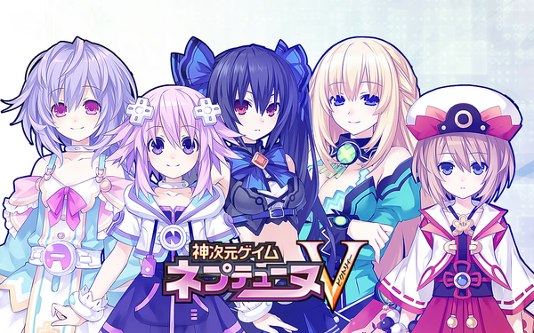 Anime picture 1280x800 with kami jigen game neptune v noire neptune (choujigen game neptune) vert blanc pururut plutia looking at viewer short hair black hair blonde hair red eyes wide image purple eyes bare shoulders multiple girls purple hair japanese clothes midriff girl