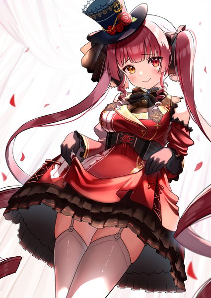 Anime-Bild 1756x2479 mit virtual youtuber hololive houshou marine houshou marine (3rd costume) luna (mi-chanman) single tall image looking at viewer blush highres twintails red hair very long hair from below heterochromia official alternate costume drill hair girl thighhighs gloves