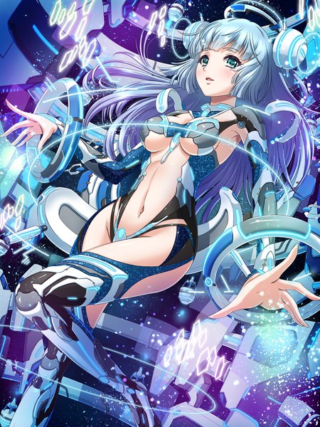 Anime picture 800x1067 with original chaki-yam single long hair tall image looking at viewer blush fringe breasts open mouth light erotic large breasts standing payot blue hair cleavage full body bent knee (knees) blunt bangs aqua eyes