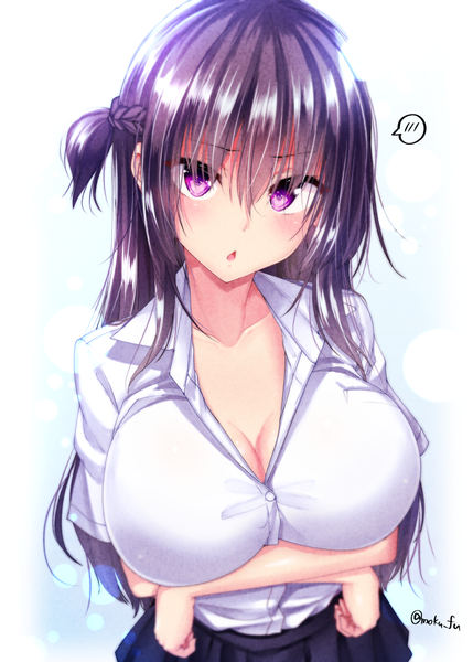 Anime picture 800x1119 with original mokufuu single long hair tall image looking at viewer blush fringe breasts open mouth light erotic simple background hair between eyes large breasts standing purple eyes signed cleavage purple hair braid (braids)