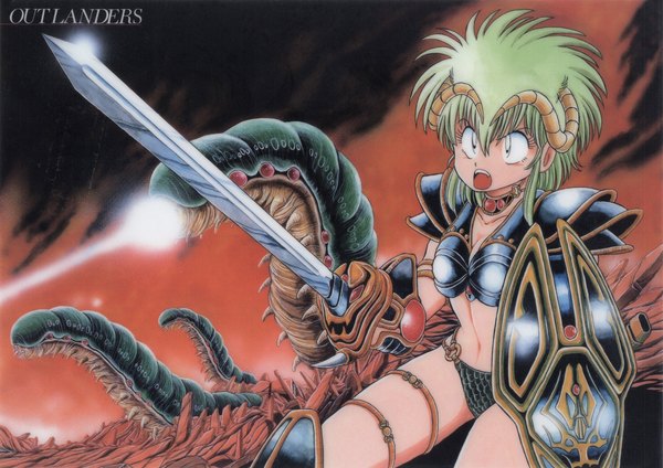 Anime picture 3023x2135 with outlanders anime international company kahm manabe jouji single fringe highres short hair open mouth light erotic hair between eyes holding looking away absurdres cleavage :d horn (horns) green hair scan official art