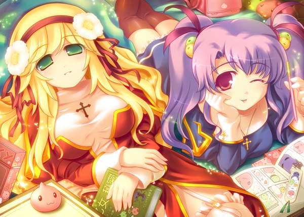 Anime picture 1662x1189 with ragnarok online blonde hair red eyes twintails multiple girls green eyes purple hair one eye closed hair flower wink girl hair ornament 2 girls hairband book (books) cross