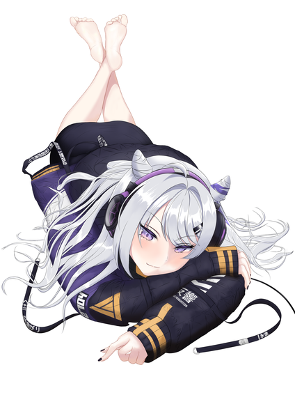 Anime picture 2894x4093 with original 005/marumarugo single long hair tall image looking at viewer blush highres simple background white background purple eyes silver hair full body ahoge lying nail polish head tilt barefoot fingernails crossed legs
