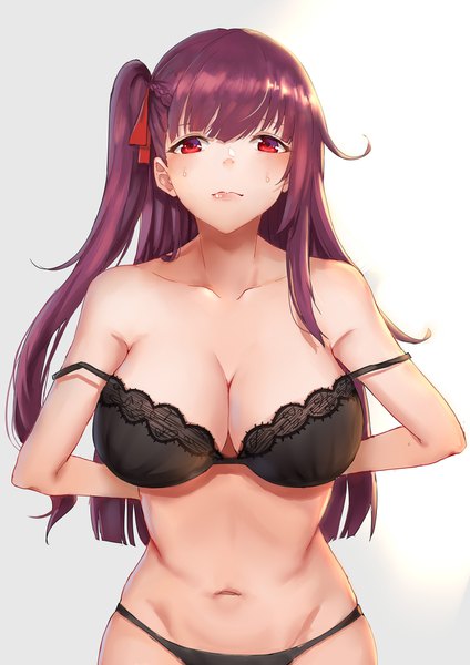Anime picture 1240x1754 with girls frontline wa2000 (girls frontline) wenhe single long hair tall image looking at viewer blush fringe breasts light erotic simple background hair between eyes red eyes large breasts standing bare shoulders cleavage purple hair grey background