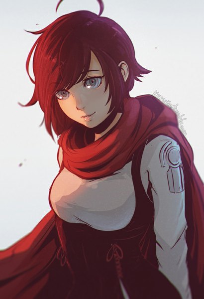 Anime picture 615x900 with rwby rooster teeth ruby rose koyoriin single tall image blush fringe short hair breasts simple background large breasts signed looking away ahoge red hair long sleeves light smile grey background grey eyes