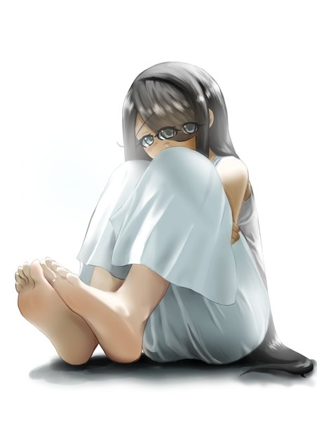 Anime picture 2894x3844 with original kakiagemaru single long hair tall image looking at viewer highres black hair simple background white background sitting barefoot black eyes soles hair over eyes girl dress white dress third eye