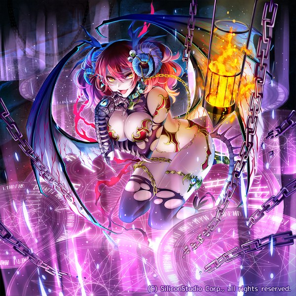 Anime picture 800x800 with original rinko (mg54) single long hair looking at viewer breasts open mouth light erotic large breasts yellow eyes cleavage red hair tail horn (horns) magic demon girl succubus girl thighhighs black thighhighs