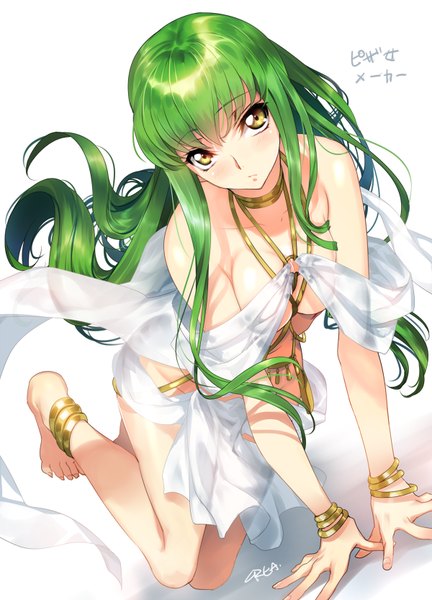 Anime picture 600x833 with code geass sunrise (studio) c.c. creayus single tall image looking at viewer fringe breasts light erotic simple background white background yellow eyes very long hair green hair girl bracelet