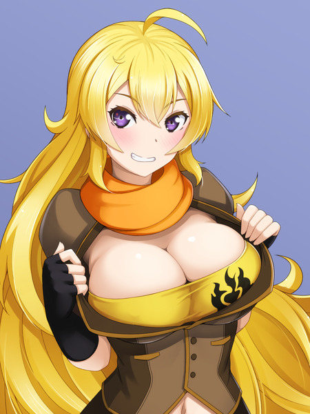 Anime picture 1200x1600 with rwby rooster teeth yang xiao long alfort (may0508) single long hair tall image looking at viewer blush fringe breasts light erotic simple background blonde hair smile hair between eyes large breasts purple eyes cleavage upper body