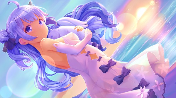 Anime picture 4000x2250 with azur lane unicorn (azur lane) nomio single long hair looking at viewer fringe highres breasts wide image standing purple eyes bare shoulders holding payot absurdres sky purple hair ahoge outdoors