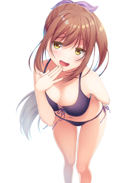 Anime picture 948x1243 with original makatani single long hair tall image looking at viewer blush fringe breasts open mouth light erotic simple background smile brown hair standing white background bare shoulders yellow eyes payot bent knee (knees)