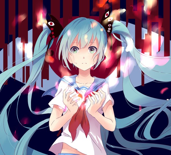 Anime picture 2200x2000 with vocaloid hatsune miku lan jue qian mo single long hair looking at viewer blush highres standing twintails blue hair aqua eyes wind tears head wings insect wings butterfly wings girl uniform