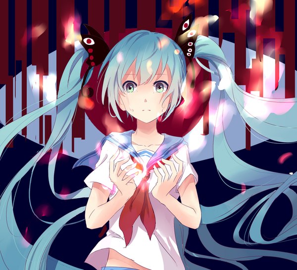 イラスト 2200x2000 と ボーカロイド 初音ミク 浅墨 qian mo ソロ 長髪 カメラ目線 赤面 highres 立つ ツインテール 青い髪 aqua eyes 風 涙 head wings insect wings butterfly wings 女の子 制服