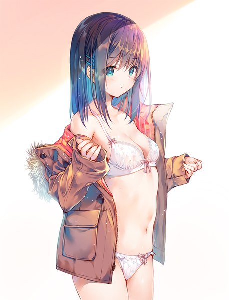 Anime picture 1072x1400 with original miwabe sakura single long hair tall image looking at viewer blush fringe breasts blue eyes light erotic simple background hair between eyes standing payot blue hair cleavage off shoulder open clothes fur trim