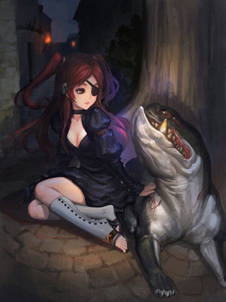 Anime picture 800x1067 with original xiaji single long hair tall image red eyes sitting red hair teeth fang (fangs) scar demon girl dress plant (plants) tree (trees) hairband eyepatch monster