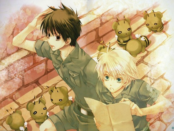 Anime picture 1024x769 with kyou kara maou studio deen shibuya yuri wolfram von bielefeld short hair open mouth blonde hair brown hair brown eyes green eyes multiple boys couple striped boy uniform animal wings 2 boys stone (stones) road