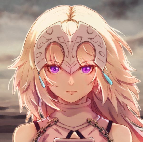 Anime picture 1000x994 with fate (series) fate/grand order fate/apocrypha jeanne d'arc (fate) (all) jeanne d'arc (fate) lyra-kotto single long hair looking at viewer blush fringe blonde hair purple eyes bare shoulders payot sky cloud (clouds) outdoors wind depth of field