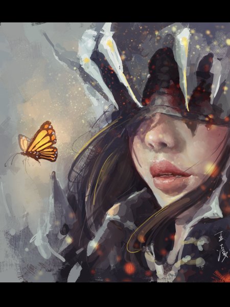 Anime picture 1800x2400 with original wlop single tall image highres brown hair signed lipstick letterboxed face lightning bandage over eyes blind girl armor insect butterfly blood helmet