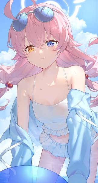Anime picture 1725x3198 with blue archive hoshino (blue archive) hoshino (swimsuit) (blue archive) iwashi 111 single long hair tall image fringe highres hair between eyes twintails pink hair sky cloud (clouds) ahoge off shoulder open jacket heterochromia low twintails official alternate costume
