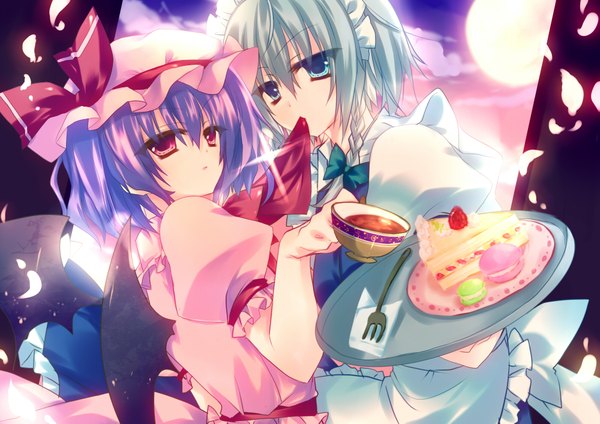 Anime picture 2000x1415 with touhou remilia scarlet izayoi sakuya kiseri momo highres short hair blue eyes red eyes multiple girls silver hair purple hair maid mouth hold girl 2 girls petals wings sweets cup cake
