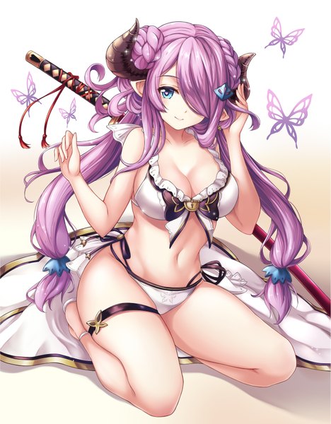 Anime picture 2895x3713 with granblue fantasy narmaya (granblue fantasy) narmaya (summer) (granblue fantasy) taka-kun single long hair tall image looking at viewer blush fringe highres breasts blue eyes light erotic simple background smile large breasts twintails payot braid (braids)