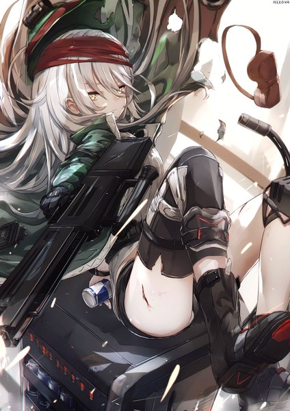Anime picture 1158x1638 with girls frontline g11 (girls frontline) nekoya (liu) single long hair tall image looking at viewer fringe light erotic hair between eyes sitting holding signed yellow eyes silver hair full body bent knee (knees) wind open jacket torn clothes
