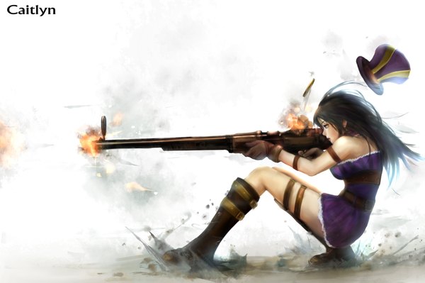 Anime picture 1900x1266 with league of legends caitlyn (league of legends) zhang xiao bo single long hair highres black hair brown eyes shot casing ejection girl dress weapon hat boots gun shell casing