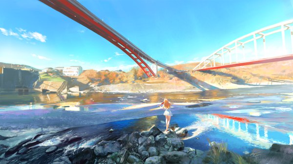 Anime picture 2560x1440 with original wayne chan single long hair highres blonde hair wide image standing signed sky outdoors from behind sunlight landscape river rock playing instrument music real world location girl