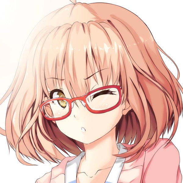 Anime picture 2000x2000 with kyoukai no kanata kyoto animation kuriyama mirai hews riki-to haihovothan single looking at viewer fringe highres short hair blonde hair simple background hair between eyes white background yellow eyes ahoge one eye closed wink :o