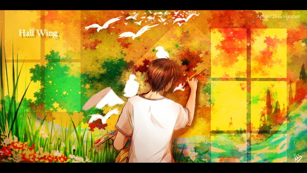 Anime picture 2067x1171 with axis powers hetalia studio deen north italy (hetalia) aphin (artist) single highres short hair brown hair wide image back letterboxed landscape boy flower (flowers) plant (plants) animal tree (trees) bird (birds) grass t-shirt