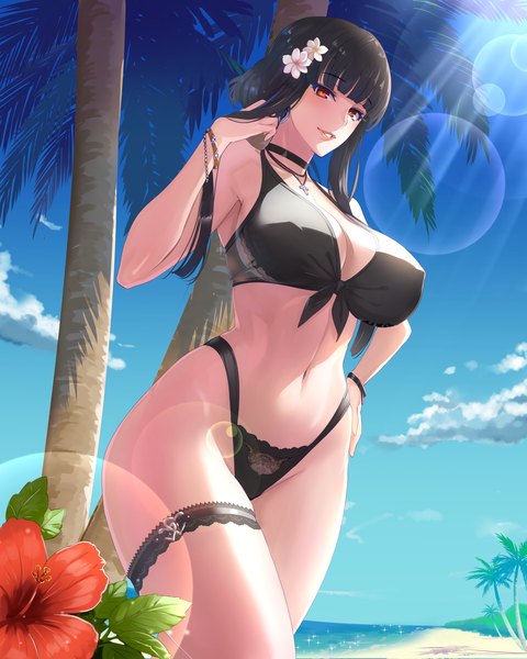 Anime picture 1929x2411 with original lidia (damegane) damegane single long hair tall image looking at viewer blush fringe highres breasts light erotic black hair smile red eyes large breasts standing bare shoulders payot sky