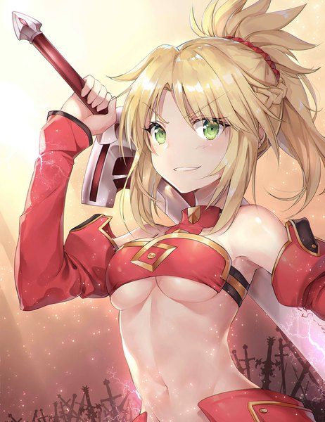 Anime picture 1388x1800 with fate (series) fate/grand order fate/apocrypha mordred (fate) taro (ultrataro) single long hair tall image looking at viewer breasts light erotic blonde hair green eyes payot upper body ponytail underboob weapon over shoulder girl detached sleeves