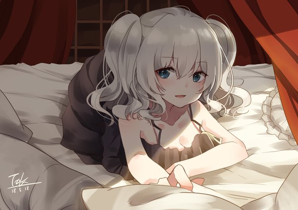 Anime picture 1754x1240 with kantai collection kashima training cruiser toriki single long hair looking at viewer blush fringe highres breasts open mouth blue eyes light erotic hair between eyes large breasts signed silver hair full body indoors lying
