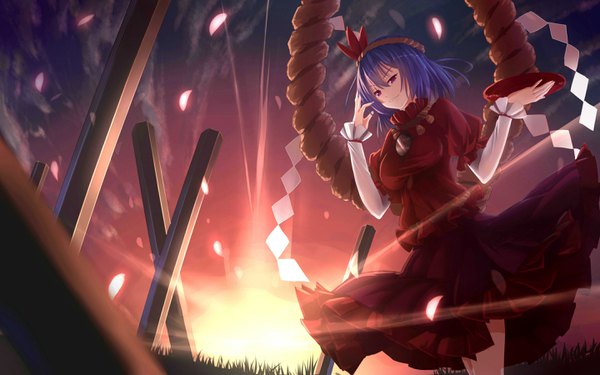 Anime picture 2880x1800 with touhou yasaka kanako bakanoe single looking at viewer highres short hair smile purple eyes blue hair sky long sleeves sunlight adjusting hair sunbeam jpeg artifacts morning sunrise girl dress