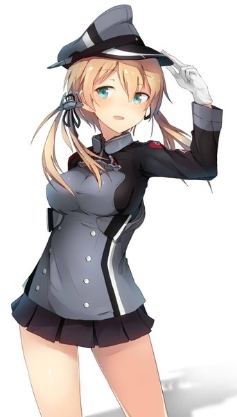 Anime picture 994x1741 with kantai collection prinz eugen (kantai collection) metindone single long hair tall image blush fringe open mouth simple background blonde hair smile white background twintails looking away pleated skirt aqua eyes arm behind back revision adjusting hat