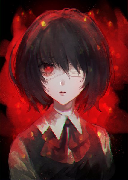 Anime picture 1500x2104 with another p.a. works misaki mei yumeno yume single tall image looking at viewer fringe short hair black hair hair between eyes red eyes upper body parted lips portrait girl uniform school uniform eyepatch