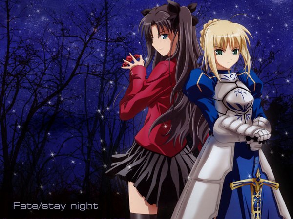 Anime picture 1280x960 with fate (series) fate/stay night studio deen type-moon artoria pendragon (all) saber toosaka rin night weapon sword armor