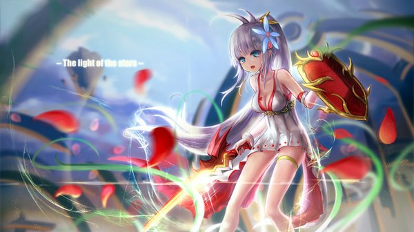 Anime picture 1450x812 with dungeon and fighter wangchuan de quanyan single breasts open mouth blue eyes wide image silver hair ponytail very long hair legs girl hair ornament weapon sword shield
