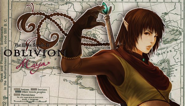Anime picture 1300x749 with the elder scrolls iv: oblivion the elder scrolls fuji q single looking at viewer short hair brown hair wide image braid (braids) pointy ears inscription twin braids girl weapon map