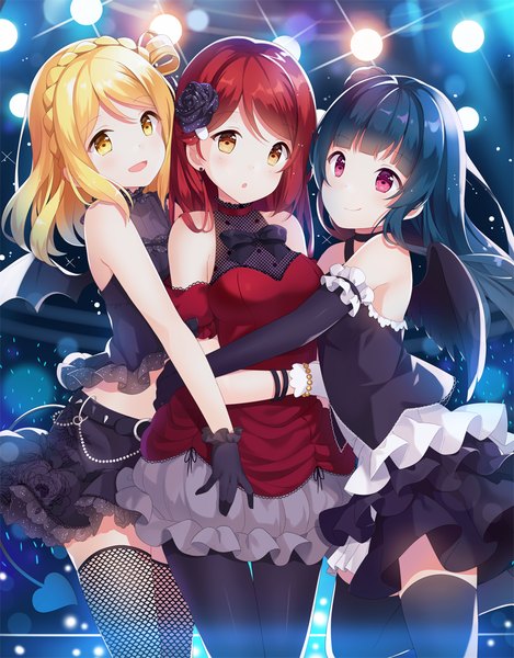 Anime picture 892x1139 with love live! sunshine!! sunrise (studio) love live! sakurauchi riko tsushima yoshiko ohara mari hitsukuya long hair tall image blush short hair open mouth black hair blonde hair smile purple eyes multiple girls yellow eyes red hair hug