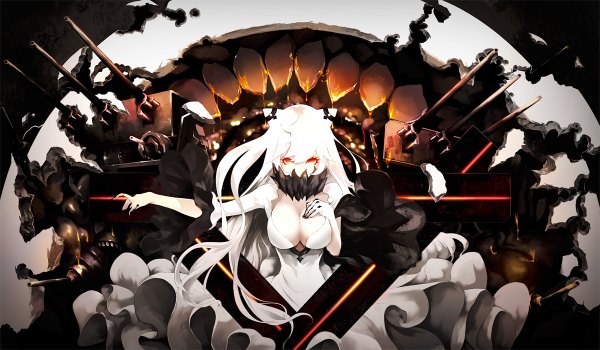 Anime picture 1200x700 with kantai collection midway hime akaikitsune single long hair fringe breasts light erotic red eyes wide image large breasts white hair outstretched arm hand on chest shinkaisei-kan girl dress weapon white dress