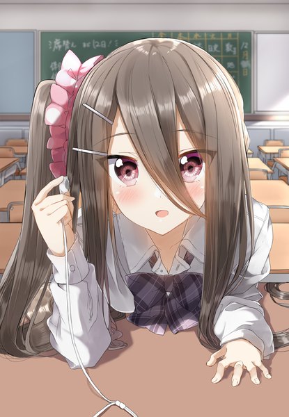 Anime picture 2746x3969 with original pentagon (railgun ky1206) single long hair tall image looking at viewer blush fringe highres open mouth hair between eyes purple eyes holding upper body indoors grey hair leaning leaning forward side ponytail plaid