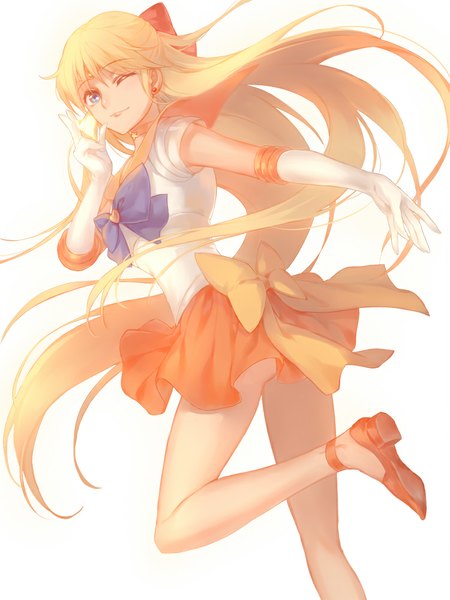 Anime picture 750x1000 with bishoujo senshi sailor moon toei animation aino minako sailor venus kanmuri (hanyifan30338) single tall image blue eyes blonde hair white background very long hair one eye closed wink girl skirt gloves bow hair bow earrings miniskirt